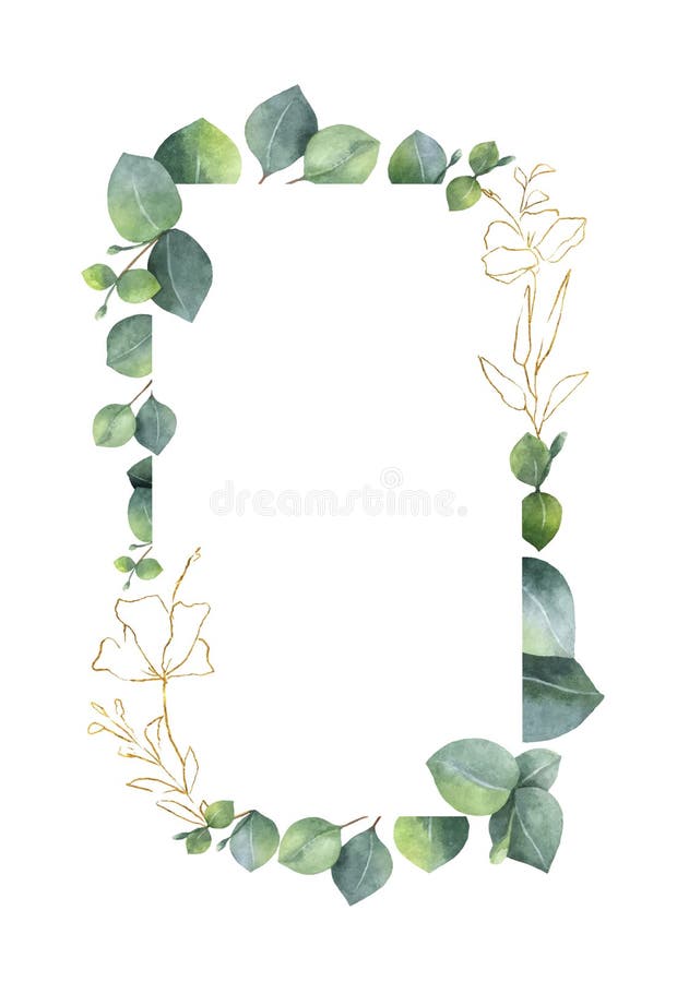 Διανυσματικό πλαίσιο Watercolor με τα πράσινα φύλλα ευκαλύπτων και τα χρυσά στοιχεία απεικόνιση αποθεμάτων